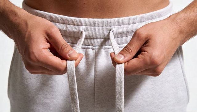 Hands gripping drawstrings adjusting waistband on light gray sweatpants for athleisure
