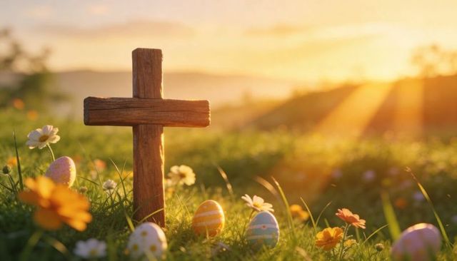 Wooden cross glowing at sunrise among easter eggs in wildflower meadow