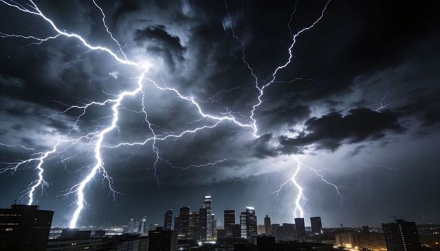 Lightning Bolts Striking Urban Skyline at Night, Thunderstorm Illuminating Downtown City