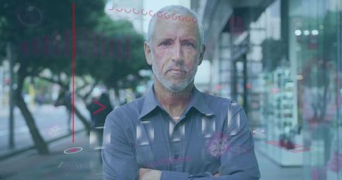 Senior man in technology overlay on city street