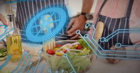 Smart kitchen collaboration tossing fresh salad with futuristic digital interface overlay