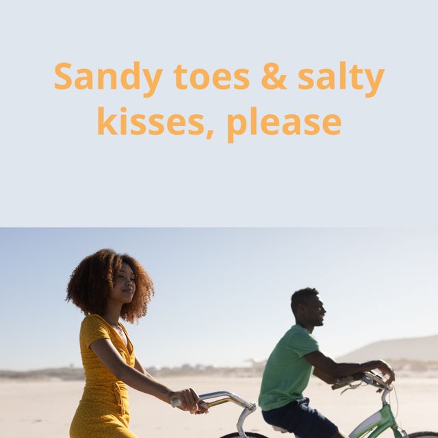 Happy African American couple enjoying a bike ride on the beach. Text overlay 'Sandy toes & salty kisses, please' adds an inspirational and relaxed vibe. Suitable for marketing summer adventures, beach holidays, romantic getaways, or motivational materials.