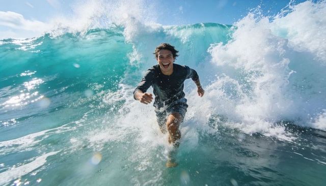 Sunlit athlete running through turquoise surf toward camera with explosive wave