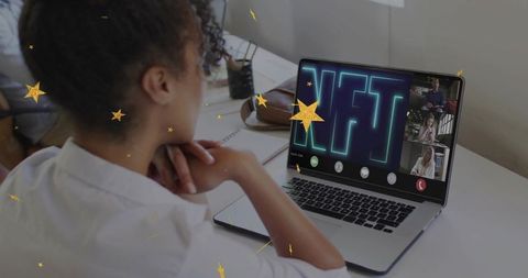 Curly-Haired Woman On NFT Video Call from Home Office