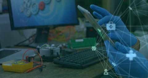 Scientist Analyzing Data on Tablet with Network Overlay in Laboratory