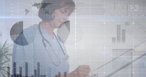 Clinician reviewing patient data with medical analytics HUD overlay, clinical insights