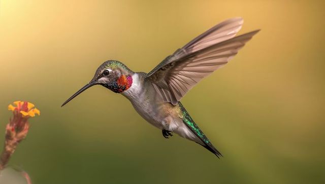 Ruby-throated Hummingbird Hovering Near Yellow-Red Blossom with Iridescent Plumage