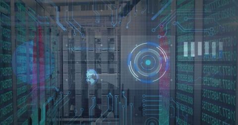 Futuristic Server Room with Holographic Interface and Networking Display