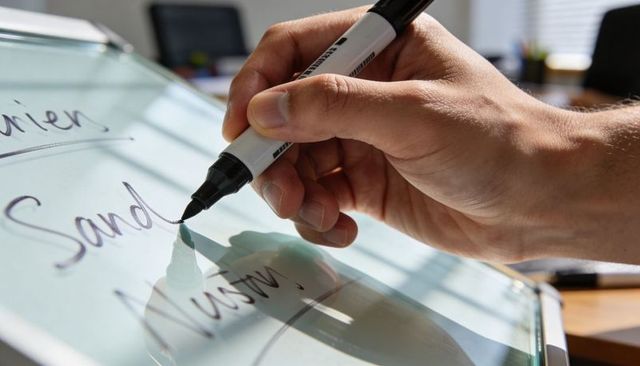 Hand writing cursive word 'sand' with black marker on glass whiteboard in sunlit office