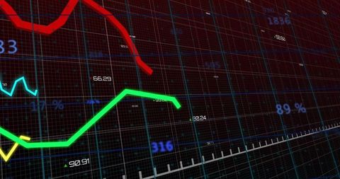Neon Financial Line Chart Showing Multi-Color Market Trends on 3D Grid Dashboard
