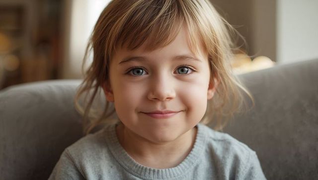 Smiling Young Girl Sitting on Sofa Wearing Gray Knit Sweater Looking at Camera Closeup