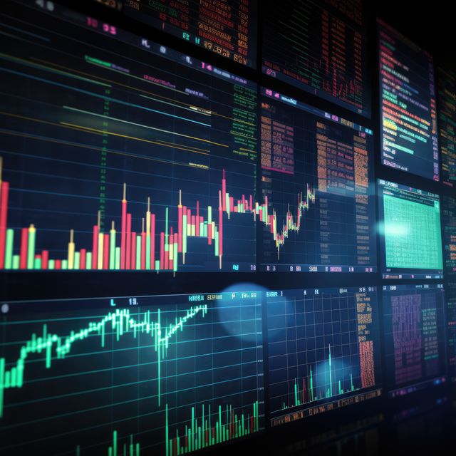 Digital financial data displayed on multiple stock market screens showing various graphs, charts, and analysis. Suitable for use in presentations on finance, articles about market trends, investment strategy visuals, or financial industry advertising.