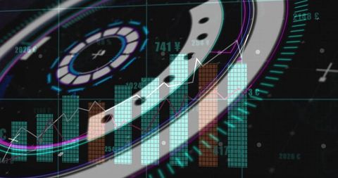 Futuristic HUD Data Dashboard Showing Neon Bar Charts and Rising Trend Line in Teal Purple