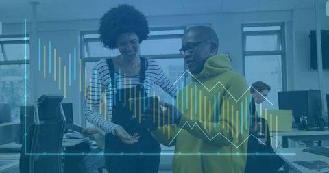 Collaborating Colleagues Discussing Data Analysis with Overlay Charts