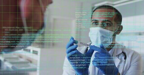 Doctor Preparing Vaccine With Digital Code Overlay in Medical Clinic