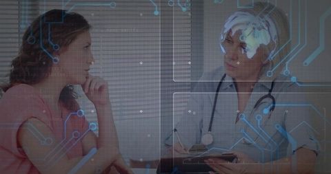 Doctor consulting patient with digital technology overlay in clinic