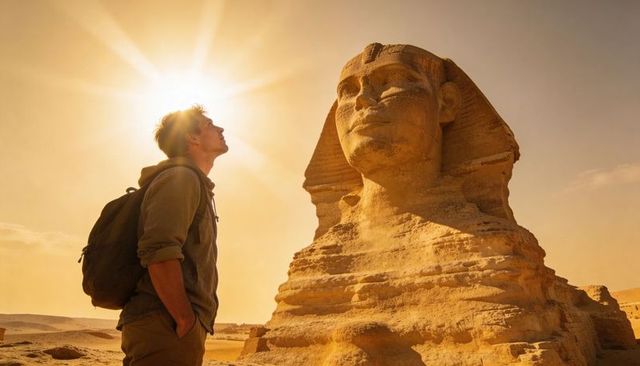 Traveler standing admiring great sphinx of giza at golden hour sun flare desert landmark