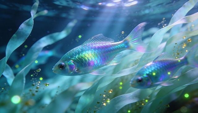 Gliding iridescent fish swimming through sunlit kelp with shimmering golden particles
