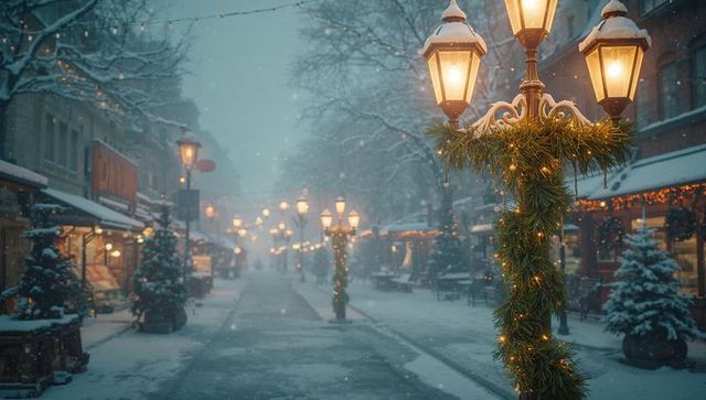 Winter Street Market Illumination with Festive Lampposts