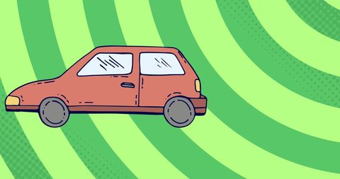 Cartoon Red Car on Green Striped Background