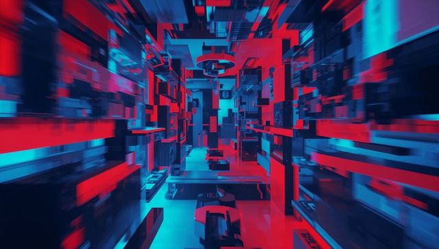 Futuristic Digital Corridor with Glitching Cubes and Panels