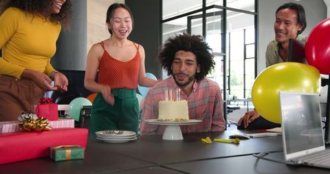 Office Birthday Celebration with Happy Multiracial Colleagues
