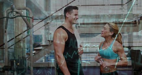 Fit couple talking after workout with fitness data overlay for gym training motivation