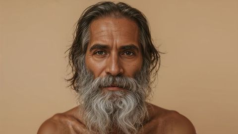 Elderly man with distinct beard and reflective gaze against neutral backdrop