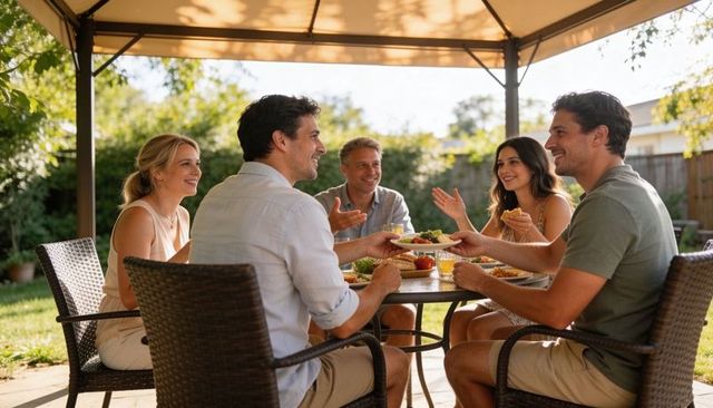 Friends passing dishes around backyard table under gazebo during summer lunch