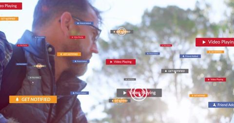 Man wearing glasses and backpack in park with floating social media notification badges