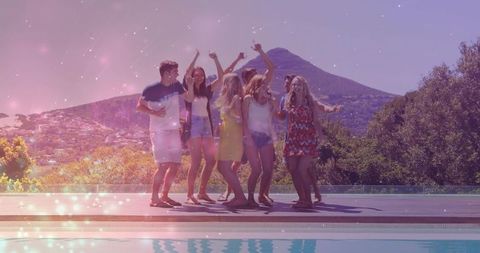 Poolside friends dancing at sunset with pink bokeh overlay, summer party celebration