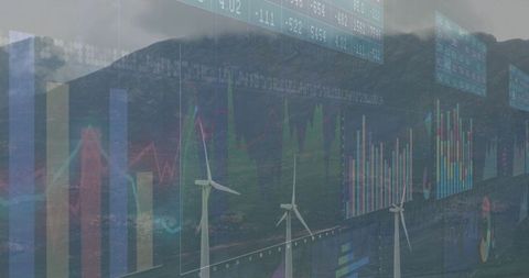 Wind Turbines on Mountain with Financial Data Overlay