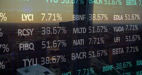 Cylindrical Skyscraper Over Urban Sunset with Digital Stock Overlay