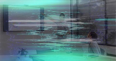 Presenter pointing at screen amid digital glitch and pixelated teal purple distortion in boardroom