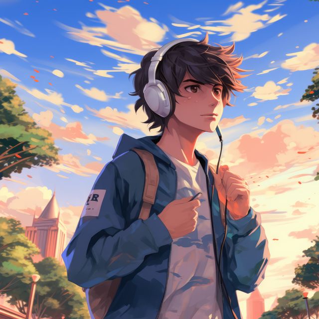 Teenage boy strolls through park while listening to music at sunset. He wears headphones, a backpack, and a casual hoodie, with a calming sky and cityscape in the background. Perfect for illustrating youth lifestyle, relaxation, and outdoor activities.