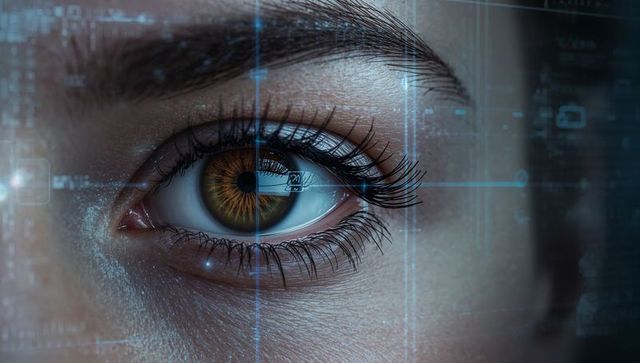 Female eye undergoing biometric iris scanning with futuristic hud overlay, data reflection