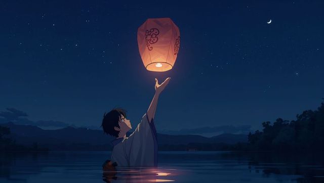Teen Sending Lantern Upward in Tranquil Lake at Night