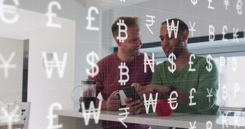 Friends Discussing Finances Amidst Currency Symbols