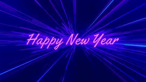 Displaying Neon Happy New Year Text Racing Through Purple Blue Light Burst Magenta Cursive Glow