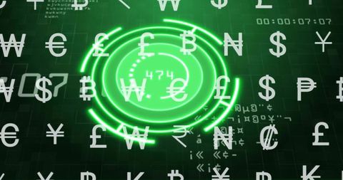 Neon green hud scanning cryptocurrency and global currency symbols on digital finance grid