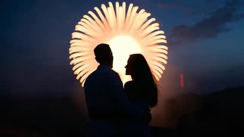 Romantic Couple Enjoys Fireworks Under Twilight Sky