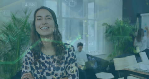 Smiling Businesswoman in Office with Financial Data Animation Overlay