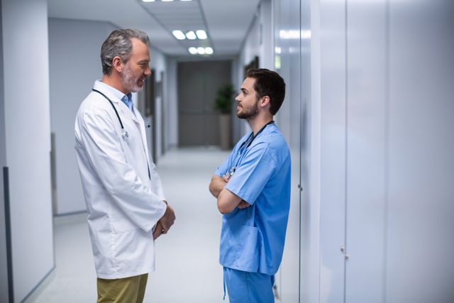 Doctor and male nurse interacting with each other in corridor of hospital