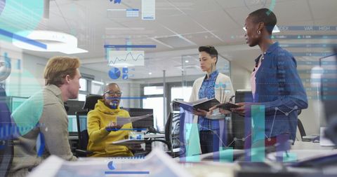 Diverse team discussing sales report with digital interface data