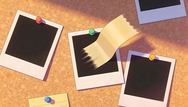 Blank polaroid prints pinned on corkboard with peeling tape and colorful thumbtacks