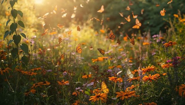 Monarch butterflies over vibrant wildflower meadow in sunlight