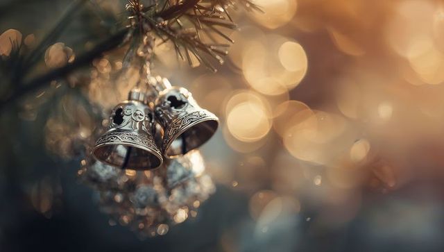 Ornate silver bells on pine branch with crystal bauble and warm bokeh lights