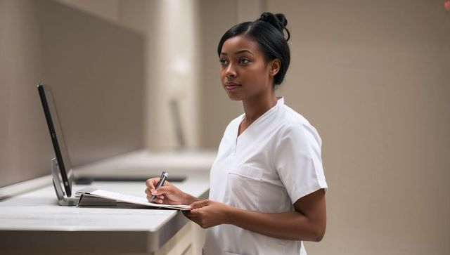 Nurse reviewing patient chart and updating electronic records at hospital station