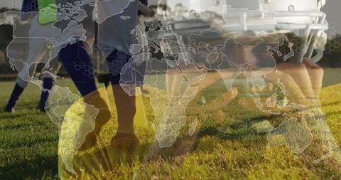 Football players preparing play world map double exposure fitness