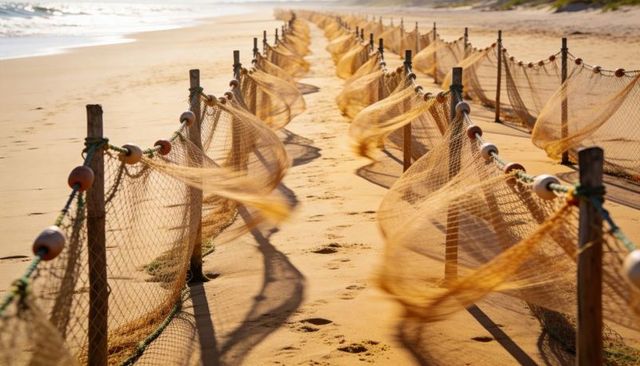 Billowing fishing nets forming translucent curves along sunlit sandy beach shoreline